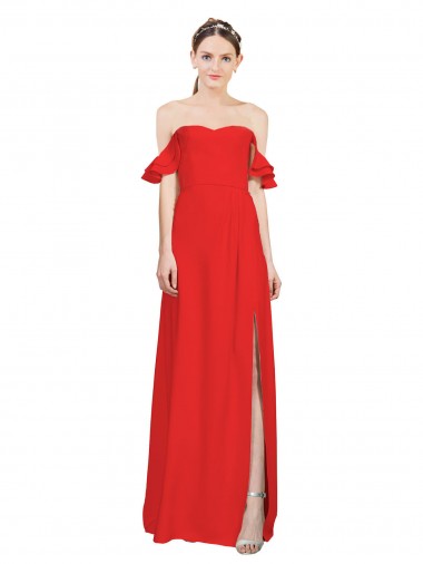Online Double Ruffle Flounce Sleeves Formal Crepe Bridesmaid Dress / Prom Dress with Slit UK