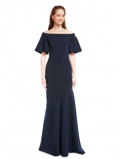 Online Off the Shoulder Formal Crepe Bridesmaid Dress / Prom Dress with Short Ruffle Sleeves. UK