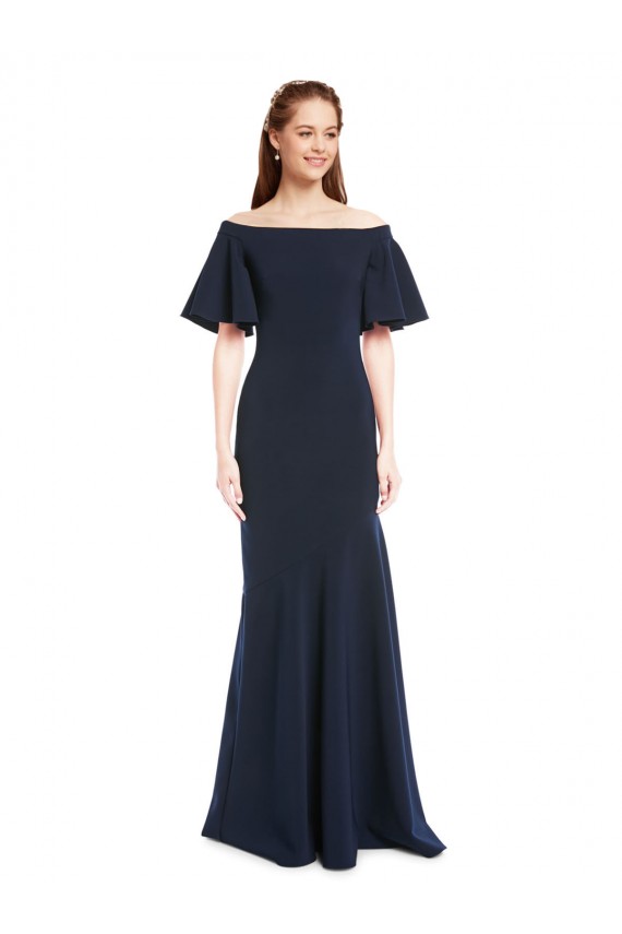 Online Off the Shoulder Formal Crepe Bridesmaid Dress / Prom Dress with Short Ruffle Sleeves. UK