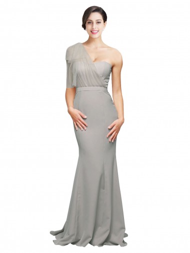 Online Long Sweep Train Sweetheart Formal Crepe Bridesmaid Dress / Prom Dress with Tulle One Shoulder UK