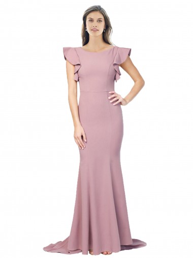 Online Flutter Sleeves Low V-Back High Round Neck Formal Crepe Bridesmaid Dress / Prom Dress UK