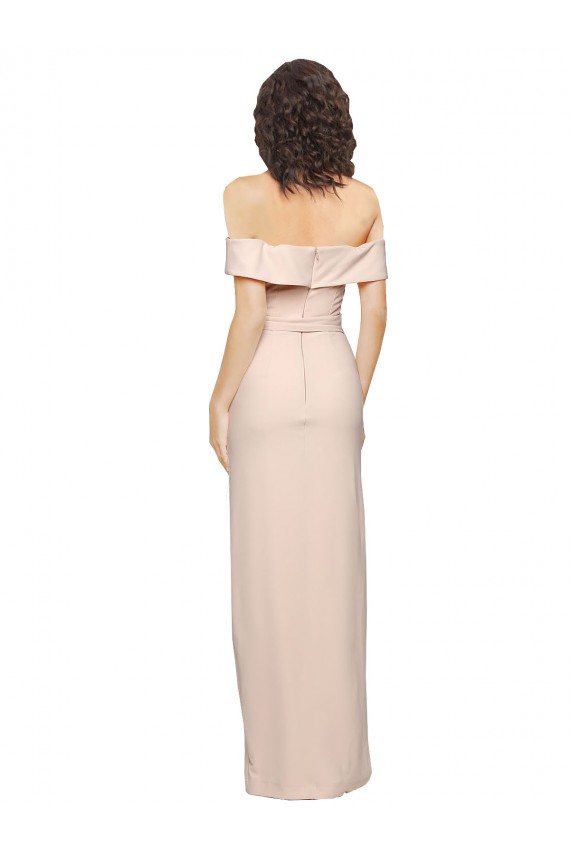 Online Off the Shoulder Long Formal Crepe Bridesmaid Dress / Prom Dress with Waist Tie and Slit UK