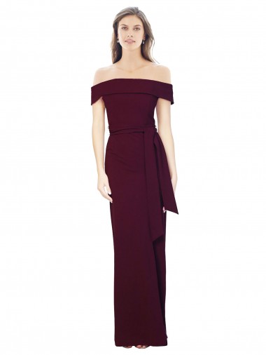 Online Off the Shoulder Long Formal Crepe Bridesmaid Dress / Prom Dress with Waist Tie UK