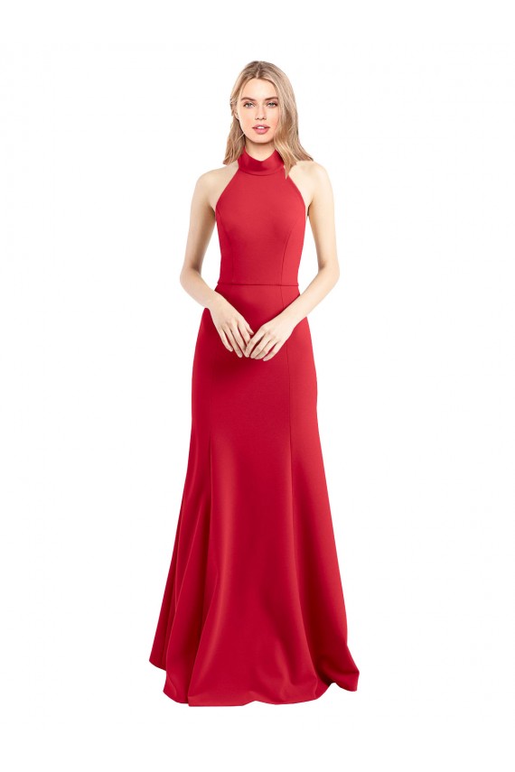 Online Sleek Fit and Flare High Neck Halter Stretch Formal Crepe Bridesmaid Dress / Prom Dress with Open Back UK