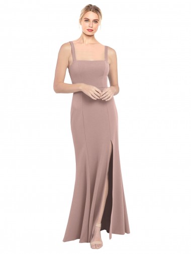 Online Square Neck Fit and Flare Long Stretch Crepe Bridesmaid Dress / Prom Dress with Side Slit UK