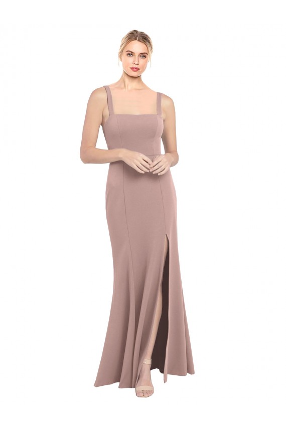 Online Square Neck Fit and Flare Long Stretch Crepe Bridesmaid Dress / Prom Dress with Side Slit UK