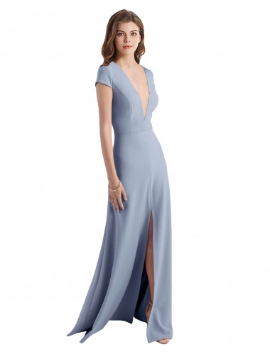 Online Plunging V-Neck Cap Sleeves Stretch Crepe Bridesmaid Dress / Prom Dress with Front Slit UK
