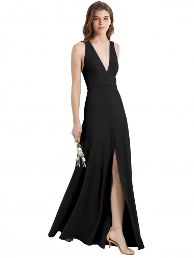 Online Sleek Halter V-Neck Long A-Line Stretch Formal Crepe Bridesmaid Dress / Prom Dress with Front Slit UK