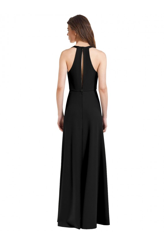 Online Sleek Halter V-Neck Long A-Line Stretch Formal Crepe Bridesmaid Dress / Prom Dress with Front Slit UK