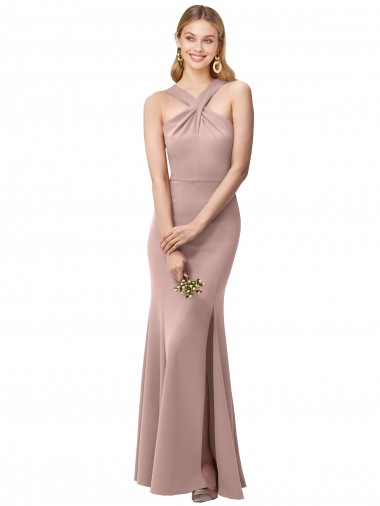 Online Long Floor Length High Neck Fit and Flare Stretch Crepe Bridesmaid Dress / Prom Dress with Side Slit UK