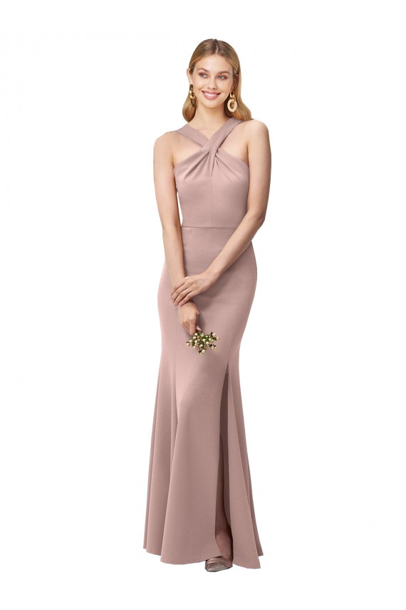 Online Long Floor Length High Neck Fit and Flare Stretch Crepe Bridesmaid Dress / Prom Dress with Side Slit UK