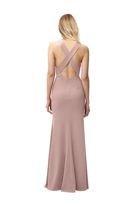 Online Long Floor Length High Neck Fit and Flare Stretch Crepe Bridesmaid Dress / Prom Dress with Side Slit UK