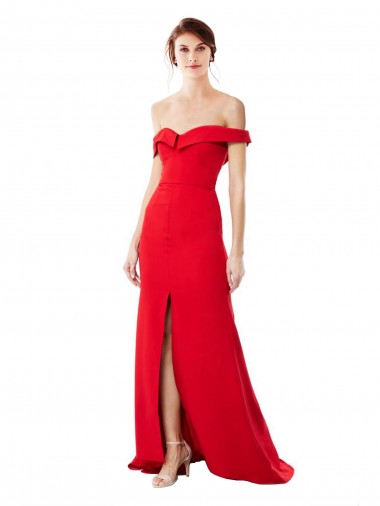 Online Off the Shoulder Chapel Train Formal Crepe Bridesmaid Dress / Prom Dress with Thigh-High slit UK