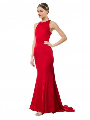 Online High Neck Mermaid Open Back Formal Crepe Maxi Bridesmaid Dress / Prom Dress with Train Detail UK