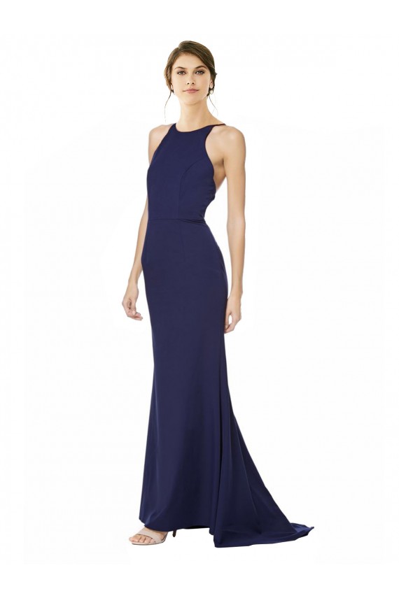 Online Fishtail High Neck Maxi Formal Crepe Bridesmiad Dress with Strappy Back Detail UK