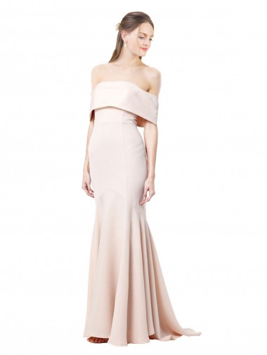Online Mermaid Bardot Maxi Formal Crepe Bridesmiad Dress with Fishtail Train UK
