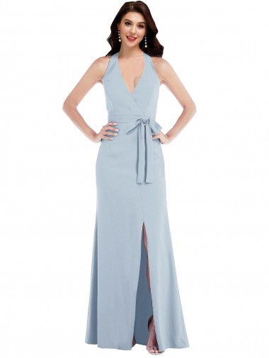 Online Open Back Halter Maxi Formal Crepe Bridesmaid Dress / Prom Dress with Draped Bow UK