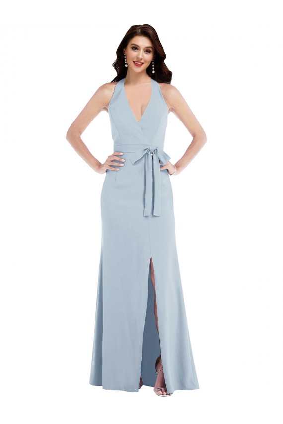 Online Open Back Halter Maxi Formal Crepe Bridesmaid Dress / Prom Dress with Draped Bow UK
