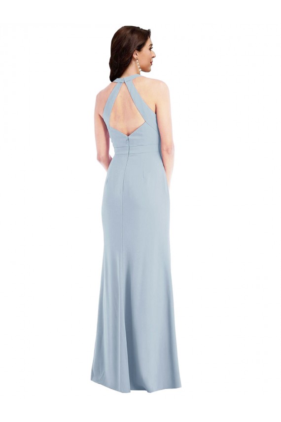 Online Open Back Halter Maxi Formal Crepe Bridesmaid Dress / Prom Dress with Draped Bow UK