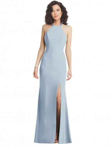 Online High Neck Halter Formal Crepe Bridesmaid Dress / Prom Dress with Twist Criss Cross Back UK