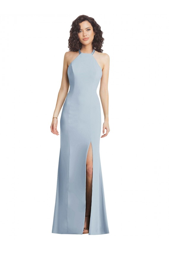 Online High Neck Halter Formal Crepe Bridesmaid Dress / Prom Dress with Twist Criss Cross Back UK