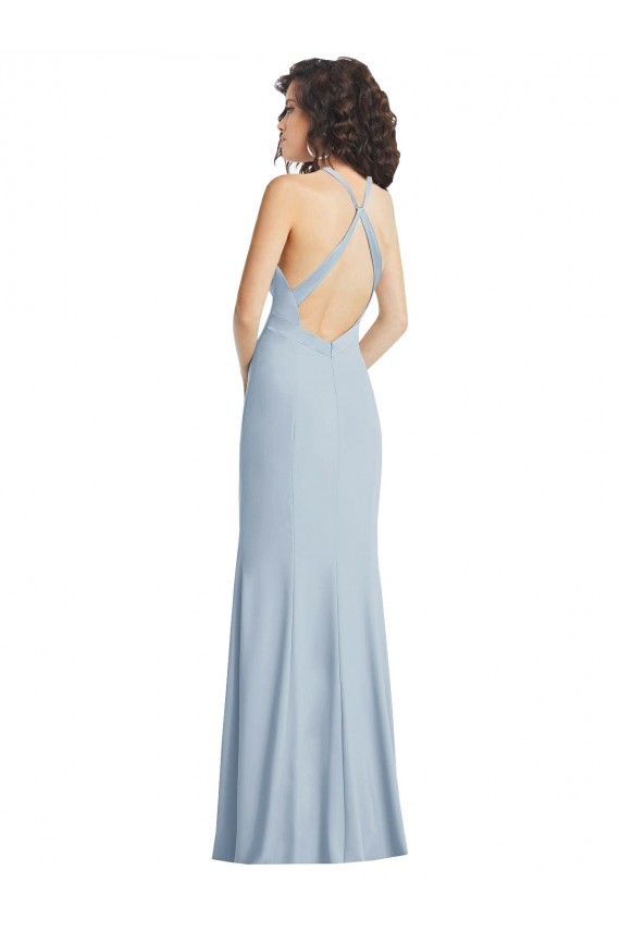 Online High Neck Halter Formal Crepe Bridesmaid Dress / Prom Dress with Twist Criss Cross Back UK