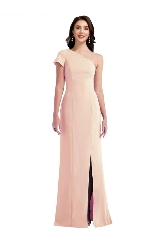 Online One Shoulder Cap Sleeves Trumpet Formal Crepe Bridesmaid Dress / Prom Dress with Front Slit UK