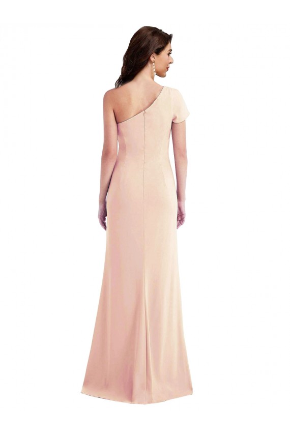 Online One Shoulder Cap Sleeves Trumpet Formal Crepe Bridesmaid Dress / Prom Dress with Front Slit UK
