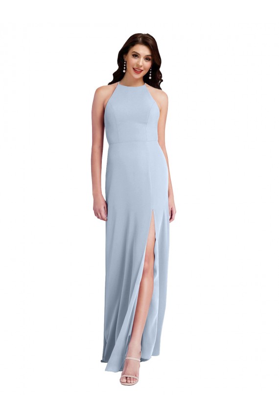 Online Fit and Flare High Neck Formal Crepe Bridesmaid Dress / Prom Dress with Side Slit UK