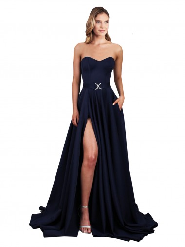 Online Sweetheart Neckline Low Back Long Formal Crepe Bridesmaid Dress / Prom Dress with Pockets & High Leg Spit UK
