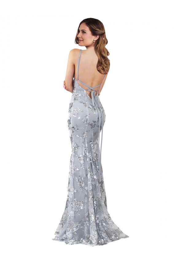Online Silver V-Neckline Backless Floral Patterned Sequin Formal Bridesmaid Dress / Prom Dress UK