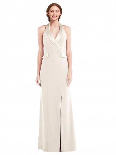 Online Halter Tuxedo Maxi Bridesmaid Dress / Prom Dress with Front Slit UK
