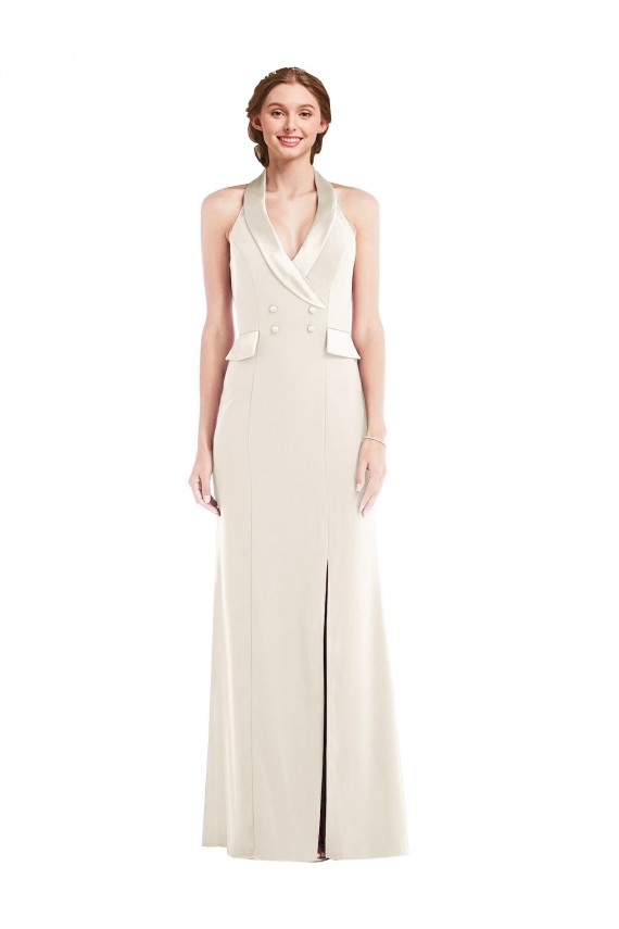 Online Halter Tuxedo Maxi Bridesmaid Dress / Prom Dress with Front Slit UK