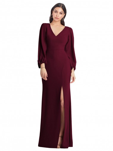 Online Long Puff Sleeve V-Neck Trumpet Bridesmaid Maxi Dress UK