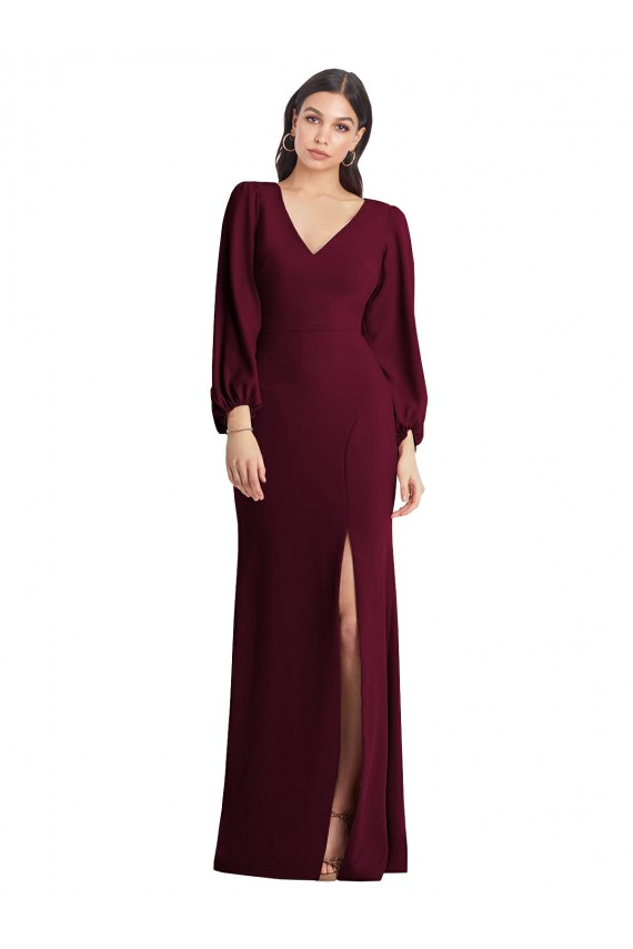 Online Long Puff Sleeve V-Neck Trumpet Bridesmaid Maxi Dress UK