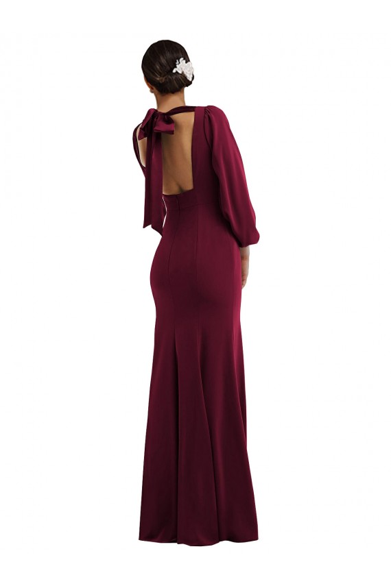 Online Bishop Sleeve Open Back Trumpet Formal Crepe Bridesmaid Dress / Prom Dress with Scarf Tie UK