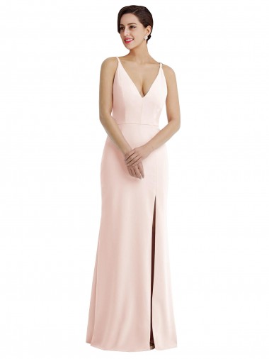 Online Skinny Strap Deep V-Neck Trumpet Formal Crepe Bridesmaid Dress / Prom Dress with Front Slit UK