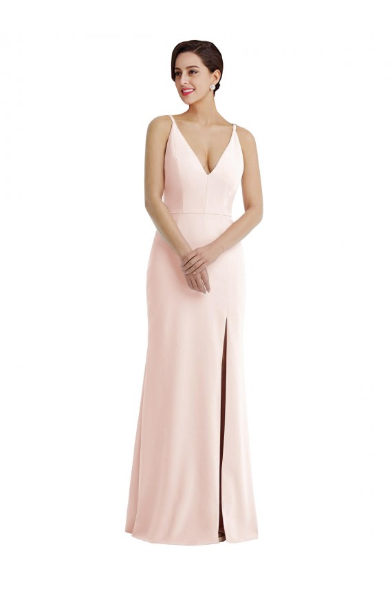 Online Skinny Strap Deep V-Neck Trumpet Formal Crepe Bridesmaid Dress / Prom Dress with Front Slit UK