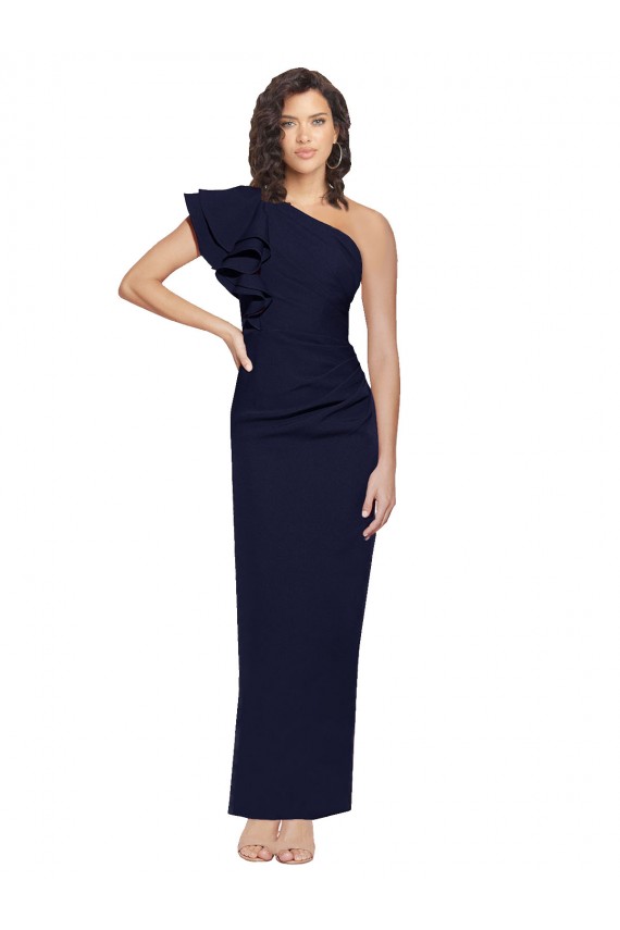 Online Ruched Floor Length Long Formal Crepe Bridesmaid Dress / Prom Dress with Shoulder Ruffles UK