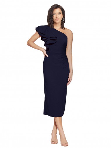 Online Ruched Midi Length Short Cocktail Formal Crepe Bridesmaid Dress / Prom Dress with Shoulder Ruffles UK