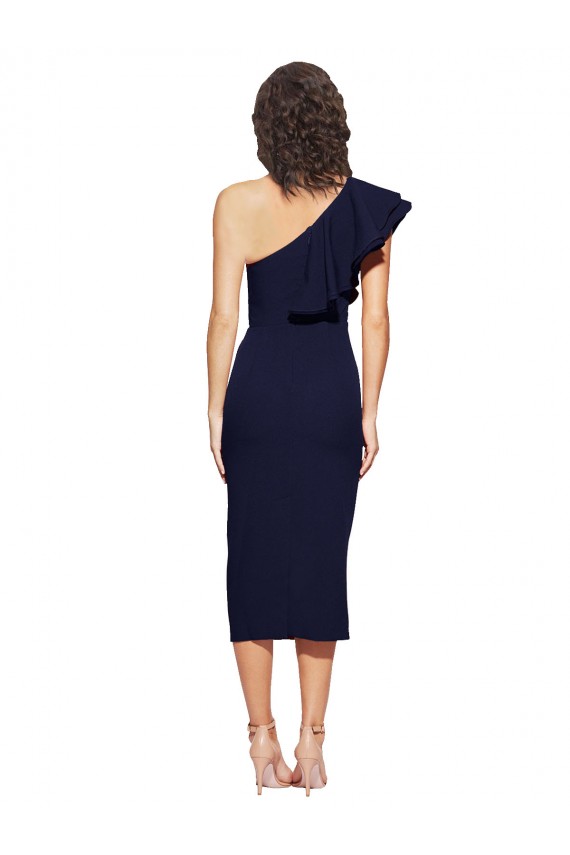 Online Ruched Midi Length Short Cocktail Formal Crepe Bridesmaid Dress / Prom Dress with Shoulder Ruffles UK