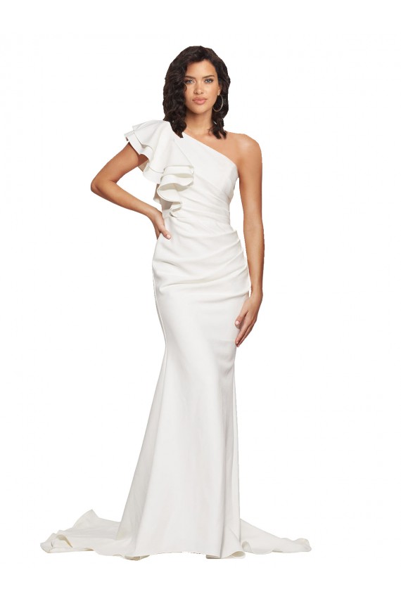 Online Ruched Long Sweep Train Crepe Bridesmaid Dress / Prom Dress with Shoulder Ruffles UK