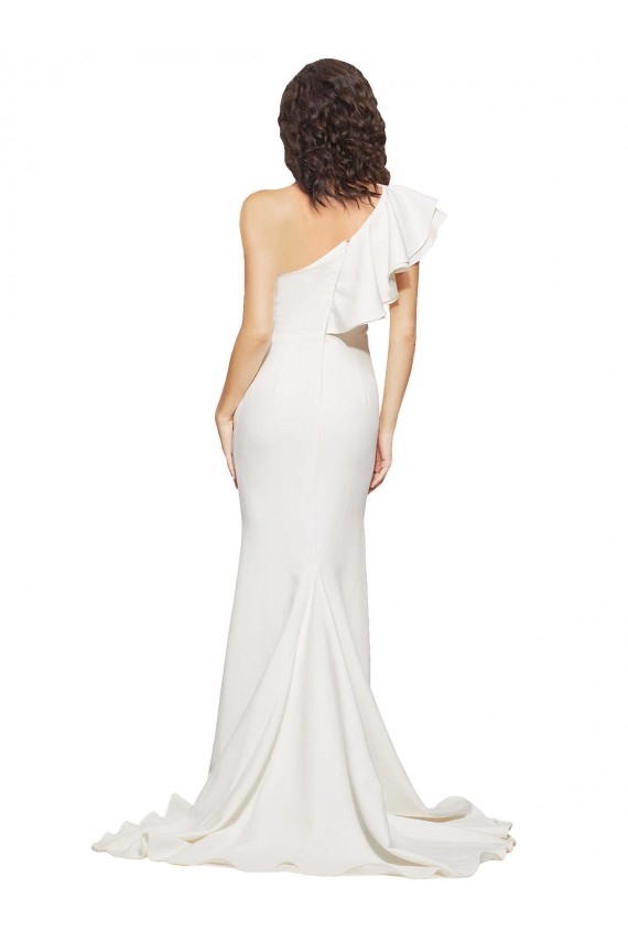 Online Ruched Long Sweep Train Crepe Bridesmaid Dress / Prom Dress with Shoulder Ruffles UK