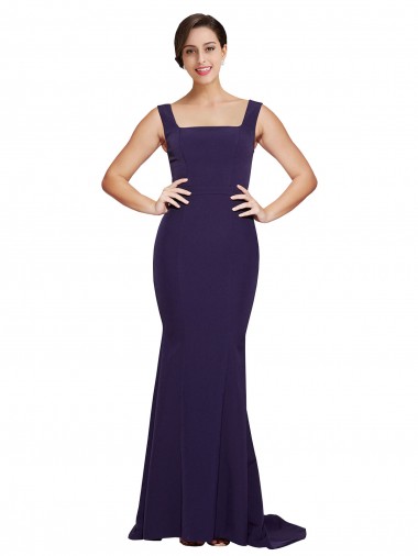 Online Square Neck Long Sweep Train Crepe Bridesmaid Dress / Prom Dress with Thick Straps UK