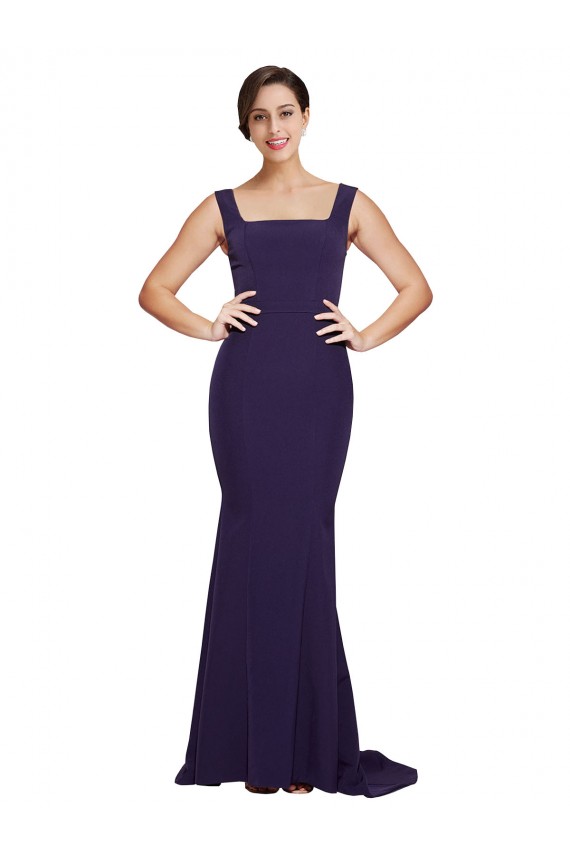 Online Square Neck Long Sweep Train Crepe Bridesmaid Dress / Prom Dress with Thick Straps UK