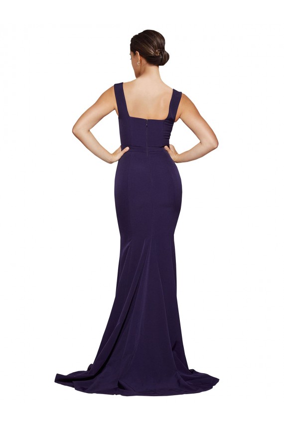 Online Square Neck Long Sweep Train Crepe Bridesmaid Dress / Prom Dress with Thick Straps UK