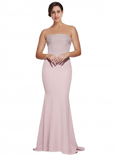 Online Straight Neck Long Strapless Formal Crepe Bridesmaid Dress / Prom Dress with Soft Tulle Overlay and Small Train UK