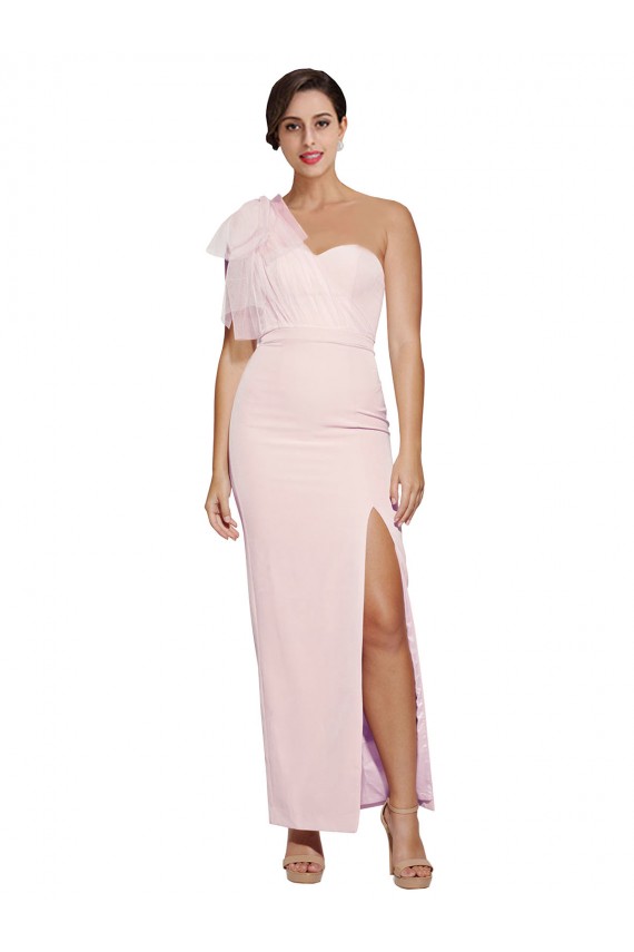 Online One Shoulder Tulle Overlay Sweetheart Neckline Long Formal Crepe Bridesmaid Drss with Thigh Split UK