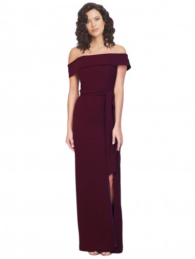 Online Fitted Full Length Off the Shoulder Formal Crepe Bridesmaid Dress / Prom Dress with Side Split and Waist Tie UK