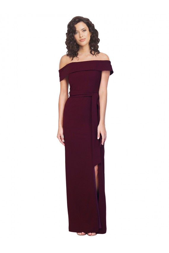 Online Fitted Full Length Off the Shoulder Formal Crepe Bridesmaid Dress / Prom Dress with Side Split and Waist Tie UK